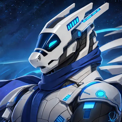 white synth \(vader-san\), synthhead, synthbod, blue long scarf, white mecha armor with blue leds, midnight