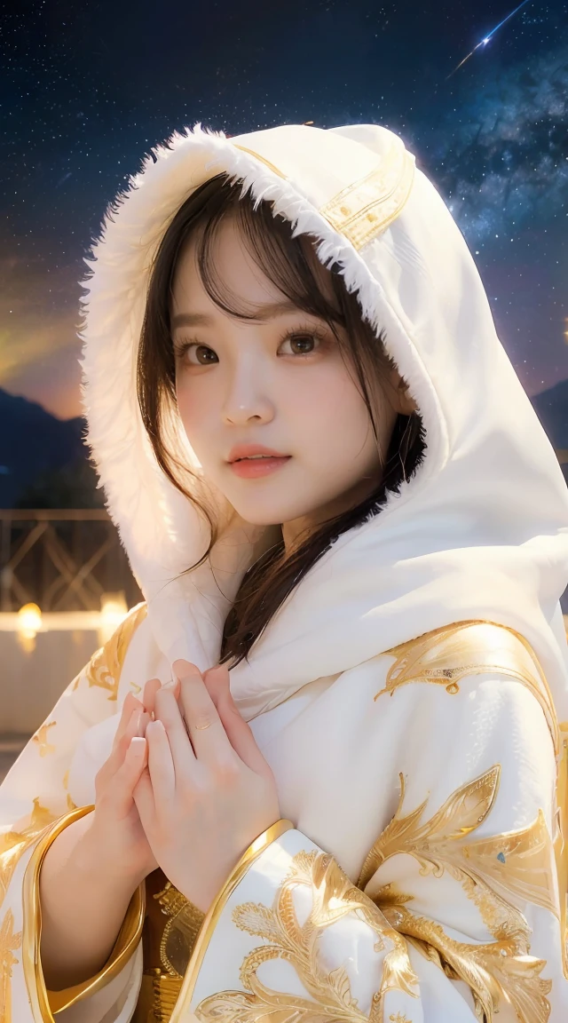 (masterpiece, highest quality, highest quality, official art, beautiful and aesthetic:1.2), (1 girl), very detailed, (fractal art:1.3), colorful, most detailed, perfect face, Upper body, HDR, (pray:1.3), (Golden lines in a white cloak:1.2), Milky Way, (stripes of light), impressive visuals, (dynamic streak, path of light:1.2), Bright colors,