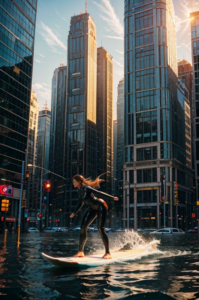 1 girl, surfing, flooding, city, buildings, masterpiece, best quality, high detailed, dynamic pose, motion blur, long exposure, cinematic lighting, full body, inflatable:1.2