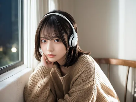 a detailed anime girl, wearing a large sweater, wearing headband headphones, lofi, tranquil, quiet vibes, chilling, in her bedro...