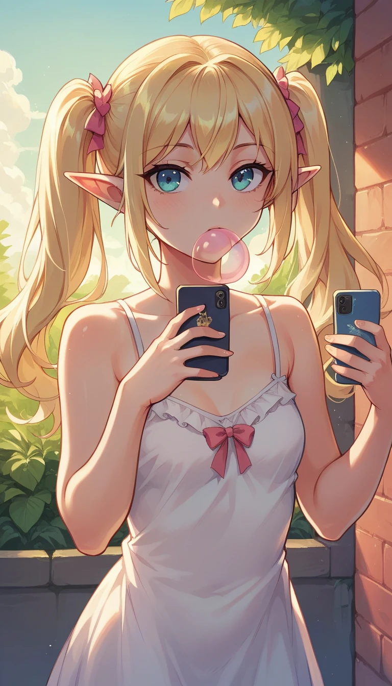 ((best quality)), ((masterpiece)), (detailed), blonde hair, twintails, backlighting, high quality, best quality, high details, Camisole dress, blowing up bubble gum, taking a selfie with a smartphone, summer sunlight, sun, sunny weather, standing by a brick wall, elf, pointy ears