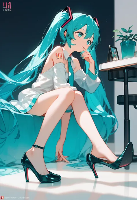 1girl, hatsune miku, smelling high heels shoes