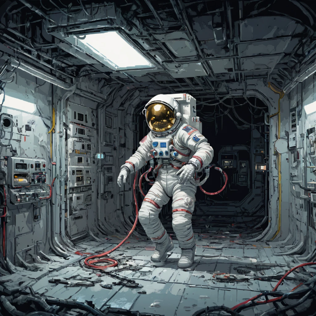 astronauta esqueleto, Estación Espacial, ciencia ficción, cantina, Iluminación de emergencia, Fragmentos, daño, manguera, 电cable, relleno, ((pulp_漫cuadro, pesado_cable, mano_cuadro, mano_Tinta, mano_De colores, Chen Wenku))