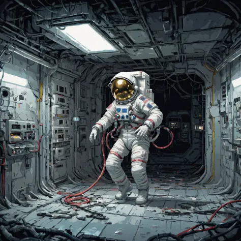 Skeleton Astronaut, space station, Science Fiction, canteen, Emergency lighting, Fragments, damage, hose, 电Wire, filling, ((pulp...