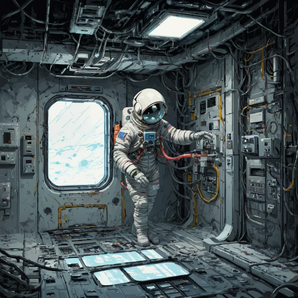 astronauta esqueleto, Estación Espacial, ciencia ficción, cantina, Iluminación de emergencia, Fragmentos, daño, manguera, 电cable, relleno, ((pulp_漫cuadro, pesado_cable, mano_cuadro, mano_Tinta, mano_De colores, Chen Wenku))