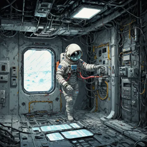 Skeleton Astronaut, space station, Science Fiction, canteen, Emergency lighting, Fragments, damage, hose, 电Wire, filling, ((pulp...