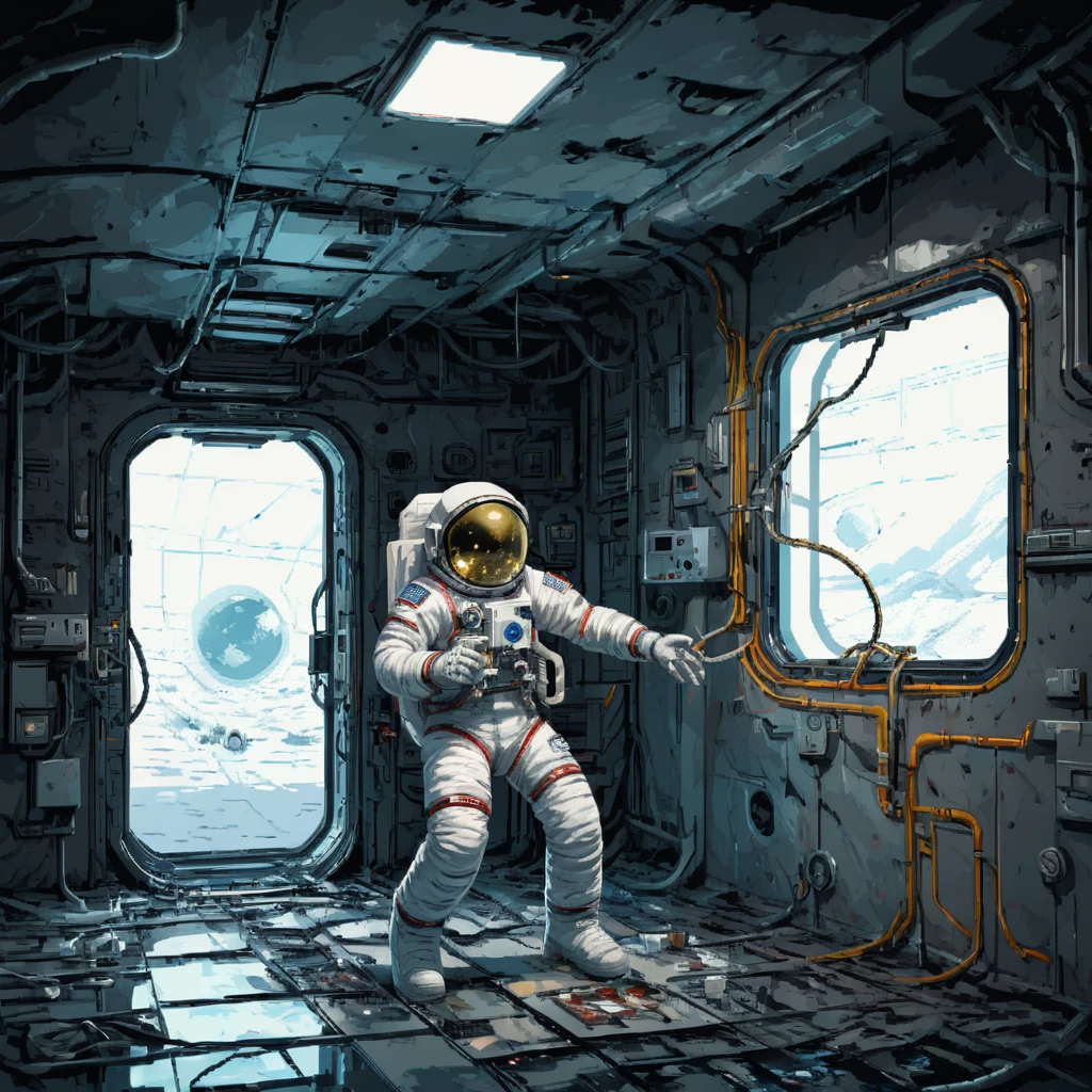 Skeleton Astronaut, space station, Science Fiction, canteen, Emergency lighting, Fragments, damage, hose, 电Wire, filling, ((pulp_漫painting, heavy_Wire, hand_painting, hand_Ink, hand_colored, Chen Wenku))