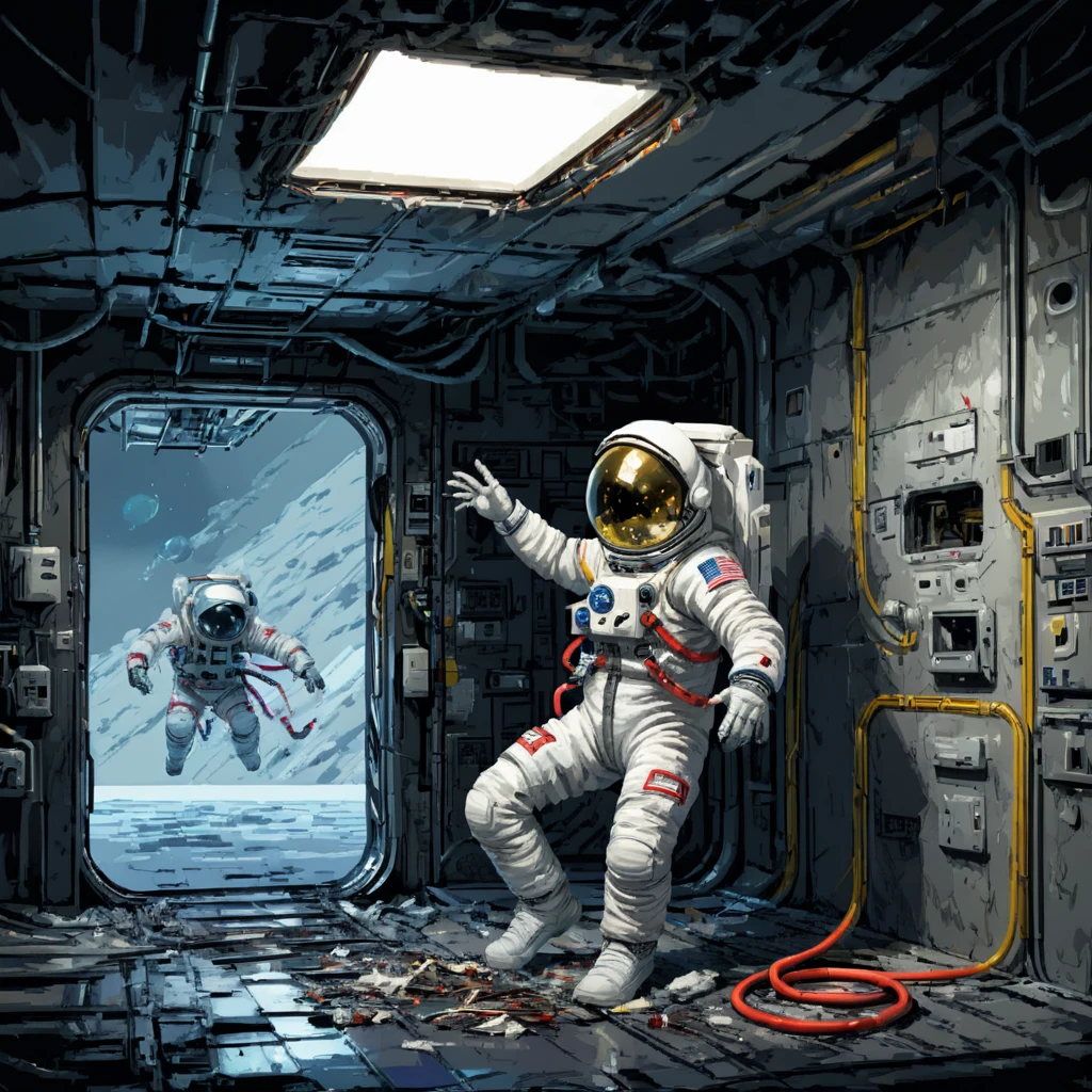 astronauta esqueleto, Estación Espacial, ciencia ficción, cantina, Iluminación de emergencia, Fragmentos, daño, manguera, 电cable, relleno, ((pulp_漫cuadro, pesado_cable, mano_cuadro, mano_Tinta, mano_De colores, Chen Wenku))