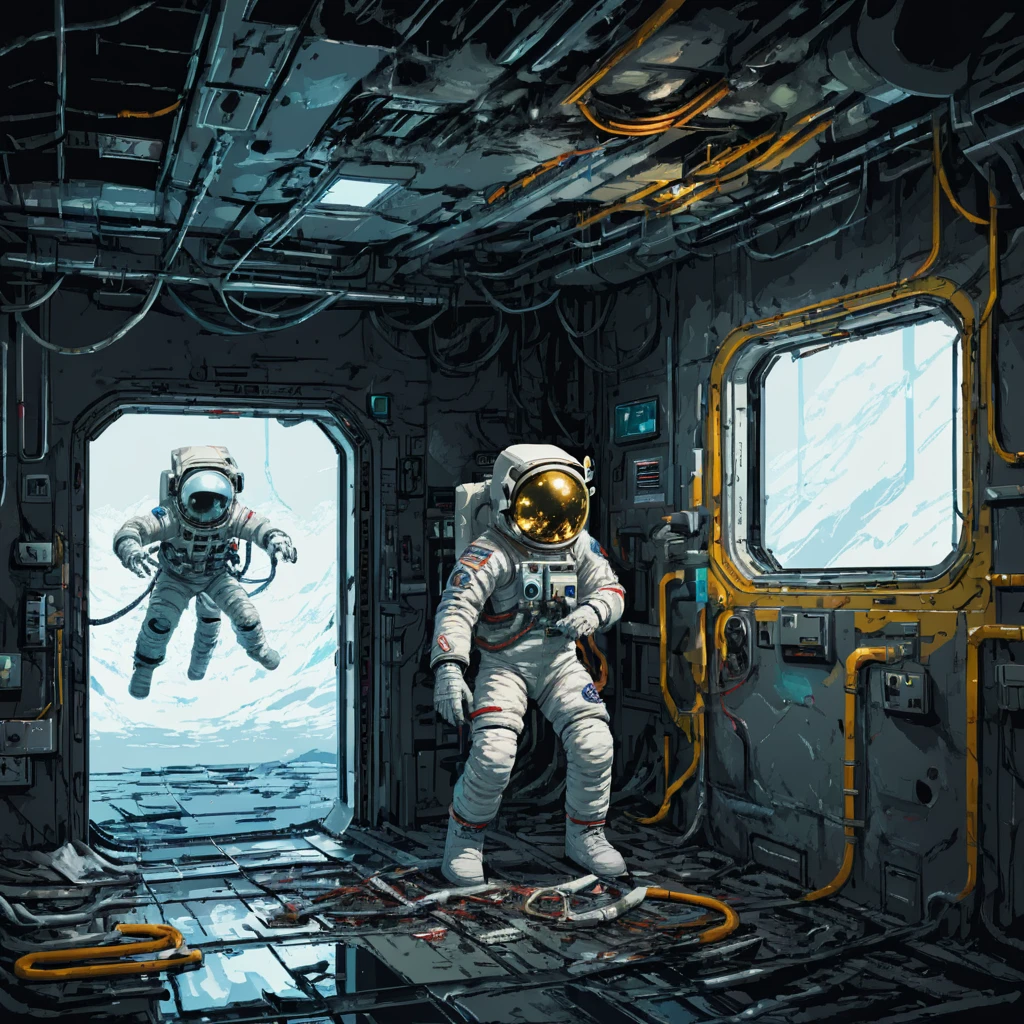 astronauta esqueleto, Estación Espacial, ciencia ficción, cantina, Iluminación de emergencia, Fragmentos, daño, manguera, 电cable, relleno, ((pulp_漫cuadro, pesado_cable, mano_cuadro, mano_Tinta, mano_De colores, Chen Wenku))