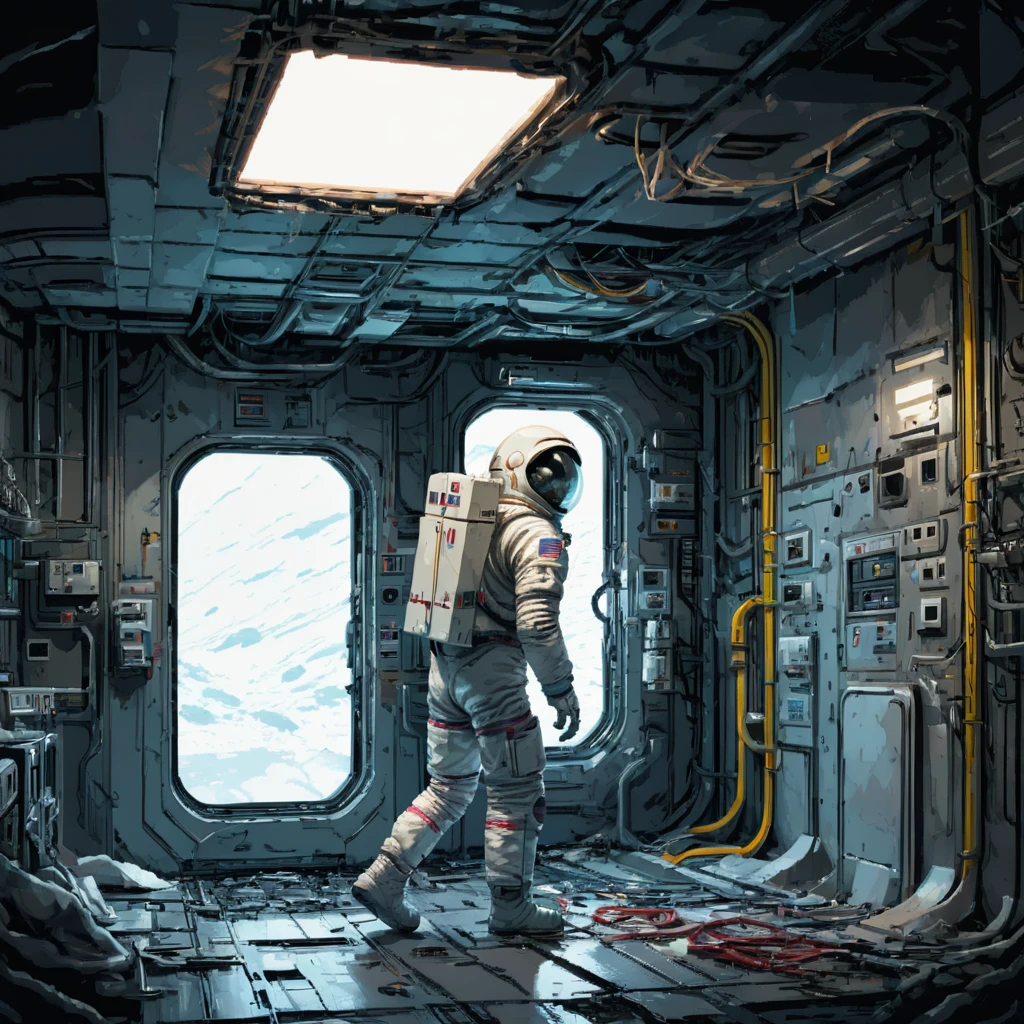 Skeleton Astronaut, space station, Science Fiction, canteen, Emergency lighting, Fragments, damage, hose, 电Wire, filling, ((pulp_漫painting, heavy_Wire, hand_painting, hand_Ink, hand_colored, Chen Wenku))