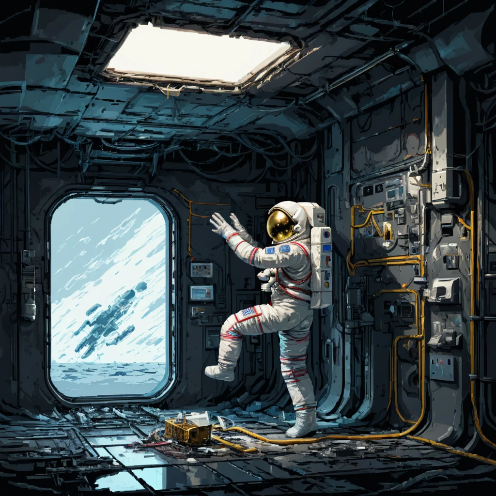 astronauta esqueleto, Estación Espacial, ciencia ficción, cantina, Iluminación de emergencia, Fragmentos, daño, manguera, 电cable, relleno, ((pulp_漫cuadro, pesado_cable, mano_cuadro, mano_Tinta, mano_De colores, Chen Wenku))