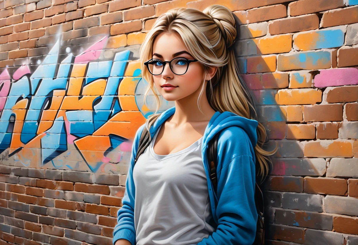 graffiti, Pastel, graffiti on brick wall, spray painting on wall, color graffiti, Street art, Spray paint, Street canvas, Graffiti artist, Graffiti art, Spray art, 17 year old medieval girl, named Sophie, medium blonde hair, blue eyes, medium breasts, dynamic look, Teenage peasant girl, full body, 17 years old, (masterpiece), Ultra high definition, 8K, UHD masterpiece, unrivaled masterpiece, ultra realistic 8k, One beautiful girl, {table}, ((Best quality)), high definition, {{ultra detailed}}, {high detail CG}, {8K wallpaper}, kawaii, anime, Library ladder, Climbing up to get a book on the top shelf, evening, Books of different sizes surround her., Vertical view of tall bookshelf, warm overhead lighting, focus on her curiosity, skin and paper texture, knowledge seeking mood, wearing glasses and sweater, hair in a loose bun