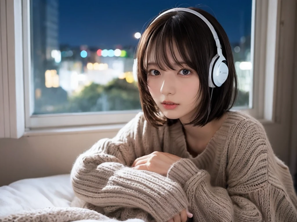 A detailed anime girl, wearing a large sweater, wearing headband headphones, lofi, tranquil, quiet vibes, chilling, in her bedroom looking at the window, night, quiet night, cat, masterpiece, best quality