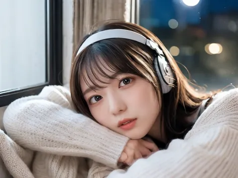 a detailed anime girl, wearing a large sweater, wearing headband headphones, lofi, tranquil, quiet vibes, chilling, in her bedro...