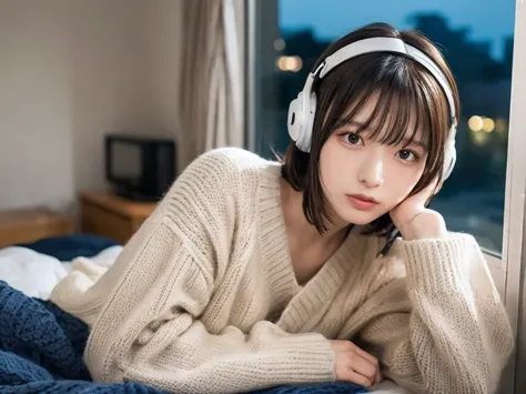 a detailed anime girl, wearing a large sweater, wearing headband headphones, lofi, tranquil, quiet vibes, chilling, in her bedro...