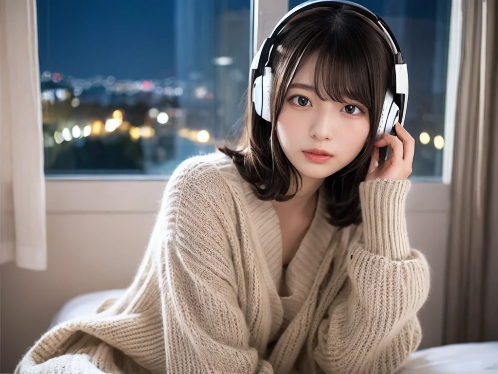 A detailed anime girl, wearing a large sweater, wearing headband headphones, lofi, tranquil, quiet vibes, chilling, in her bedroom looking at the window, night, quiet night, cat, masterpiece, best quality