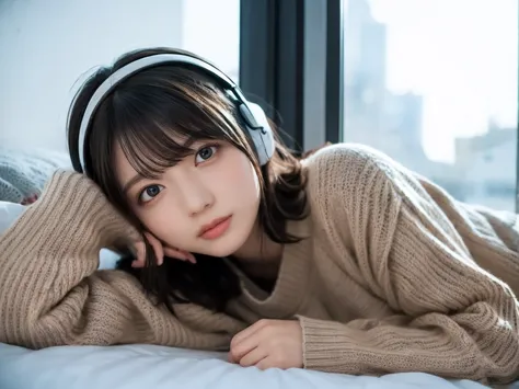 a detailed anime girl, wearing a large sweater, wearing headband headphones, lofi, tranquil, quiet vibes, chilling, in her bedro...