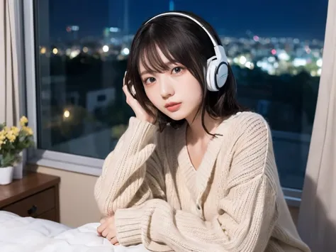 a detailed anime girl, wearing a large sweater, wearing headband headphones, lofi, tranquil, quiet vibes, chilling, in her bedro...