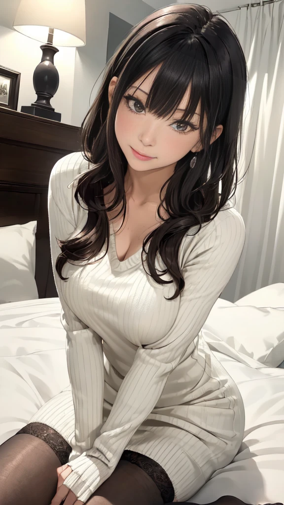 /(Bedroom /), Only one female, Mature Woman, /(V-neck sweater、 Ribbed sweater dress/), bangs, blush kind 笑face, (Masterpiece Top quality:1.2) delicate illustratiのsuperior ultra-detailed, Large Breasts、 (squeak_笑face), (Lying down), Spread your legs, arms_superior, Show your armpits,  ((how_のsuperior_face)), ベッドのsuperior、Bedroom、Mature Woman, Large Breastsの谷間、Late Night、Night room、Lights out、Without lights、Dimly lit room、garter belt & Fishnet tights