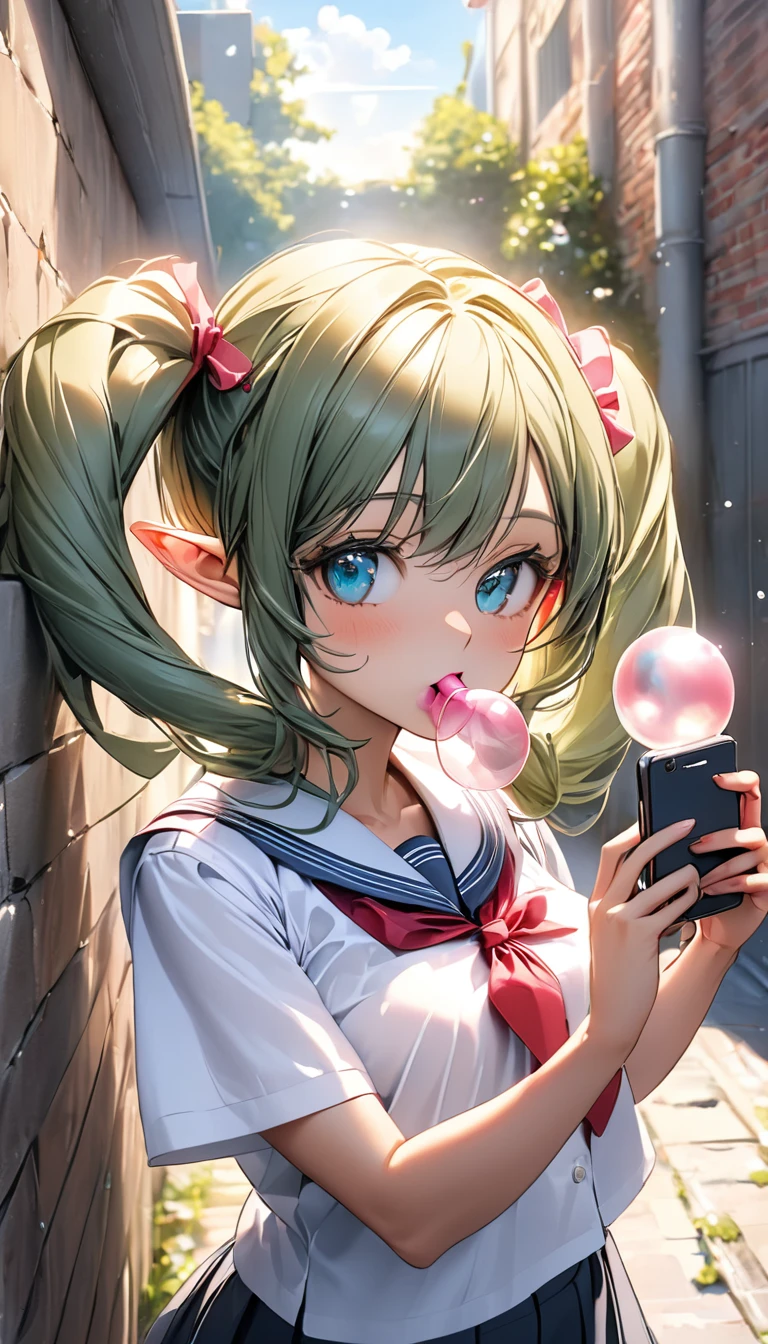 ((best quality)), ((masterpiece)), (detailed), green hair, twintails, backlighting, high quality, best quality, high details, Japanese school girl uniform, blowing up bubble gum, (taking a selfie with a smartphone), summer sunlight, sun, sunny weather, standing by a brick wall, elf, pointy ears, Leaning against a wall, ribbon, big ribbons at the knot of her twintails