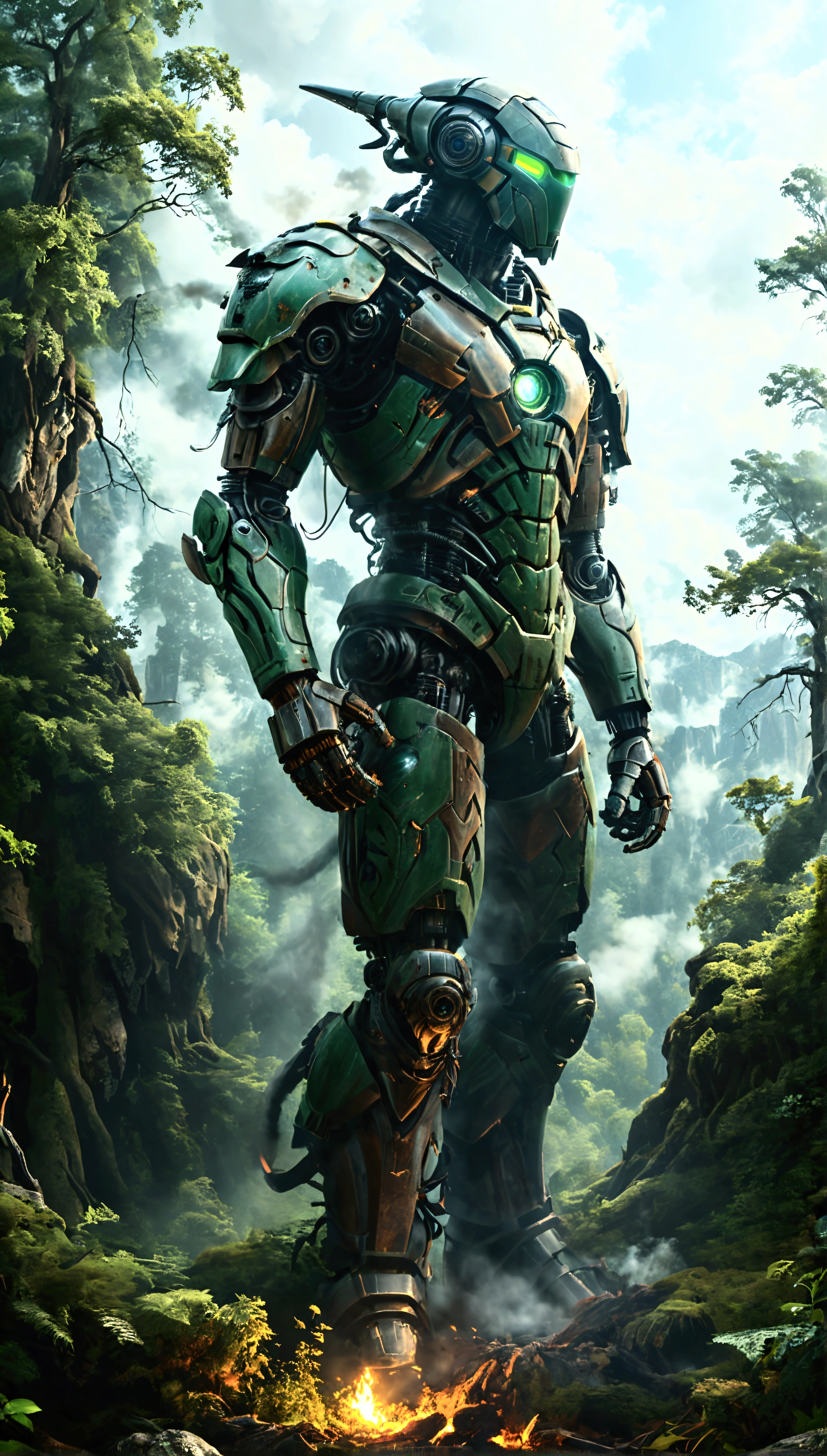 Create a digital art piece featuring a Forest humaniod Guardian Jaeger standing imposingly at the edge of a vast forest, towering over the treetops and touching the clouds at an incredible height of 300 meters. The scene is set against a backdrop of dense, ancient trees, rugged mountains, and a cloudy sky. The Jaeger’s metallic surface is painted in shades of green and covered in rust, giving it a weathered, ancient look. The massive machine stands on the forest floor, its colossal weight causing the ground to crack and break beneath it.

The Jaeger has a massive engine at the center of its body, with intricate details and components, making it look like a real, functioning engine. The engine is sparkling with energy, emitting a bright, captivating glow. The design features large pipes, gears, and steam vents, with smoke billowing out from its back due to the powerful steam engine. The Jaeger’s eyes glow with a vibrant green light, casting a piercing glow into the surrounding forest. Emphasize the intricate mechanics of its joints, the rusty steel surface, and the complex, steam-powered components.

Capture the fine details of the Jaeger’s surface, showcasing the rust, scratches, and wear and tear from countless battles. Highlight the reflections of the forest and mountains on the Jaeger’s metal body, showcasing the sheer scale and power of this guardian of nature. The scene is captured with a Nikon 135mm lens from a low-angle perspective, emphasizing the immense size of the 300-meter-tall Jaeger as it looms over the forest and touches the clouds. The wide-angle cinematography enhances the dramatic impact, making the viewer feel the overwhelming presence and grandeur of the Jaeger in this highly detailed, realistic artwork.
undefined, undefined, undefined, undefined, undefined, undefined, undefined, undefined, undefined, undefined, undefined, undefined, undefined, undefined, 