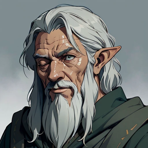 (masterpiece), (best quality),(portrait),(bust up),1boy,solo,(sharp focus),(look at viewer),Gandalf, oldman,wizard,ancient long clothes,(simple background),gray background,old school fantasy art,green outfit,light from front,close your eyes,elf