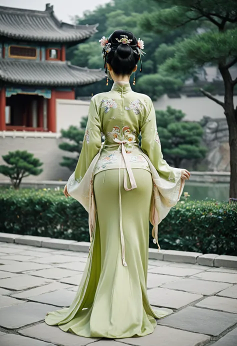 the image of a qing dynasty empress with her bare buttocks visible. the background is the stone paving outside a chinese palace ...