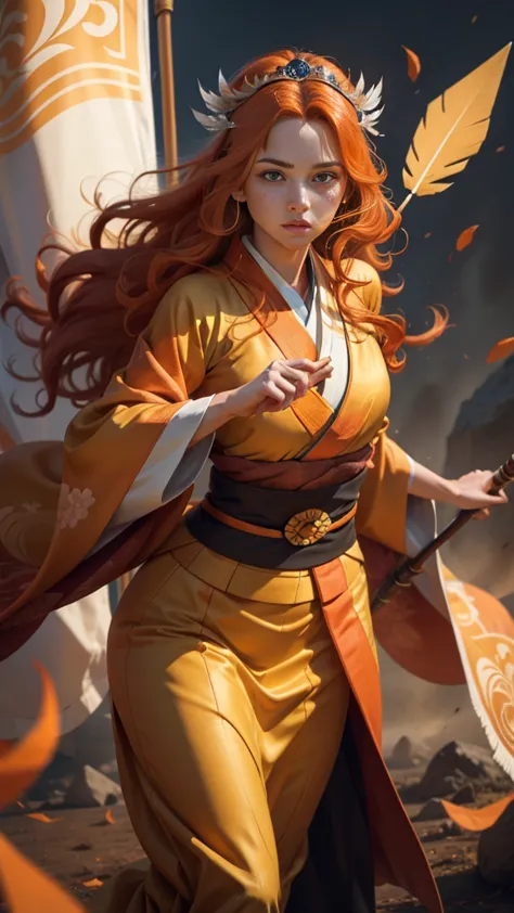 portrait, young princess ((fighting monsters)), striking figure, long flowing ginger hair, wavy hairs, fair skin, (freckles), ((...