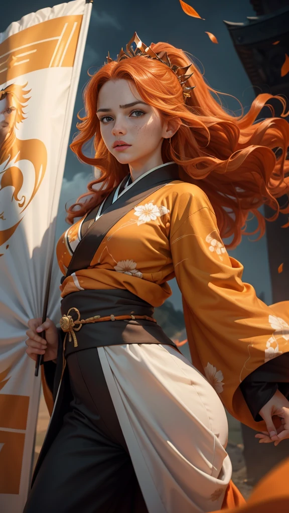 portrait, Young princess ((fighting monsters)), striking figure, long flowing ginger hair, wavy hairs, fair skin, (freckles), ((kolito)), innocent and regal appearance, expressive green eyes are filled with a mix of curiosity and determination, her slender frame, elegant grace, vibrant (((orange kimono))) with white and black decorations, very long sleeves, feather headdress, no background, combat pose, dynamic pose, holding a banner