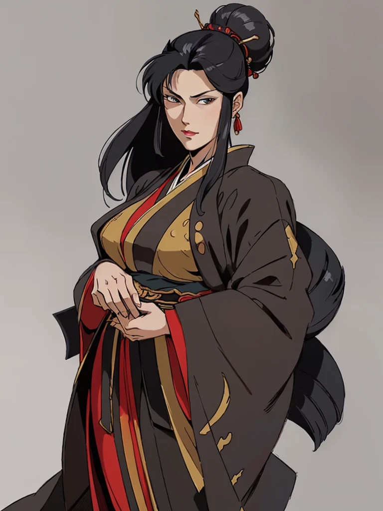 (masterpiece), (best quality),(portrait),old school fantasy art,1girl,solo,(sharp focus),(look at viewer),perfect eyes,kimono,cima garahau,cimagarahau,1woman,sidelocks,Samurai girl,black hair, ancient luxurious long clothes,old school fantasy art,full body view,(simple background),gray background,