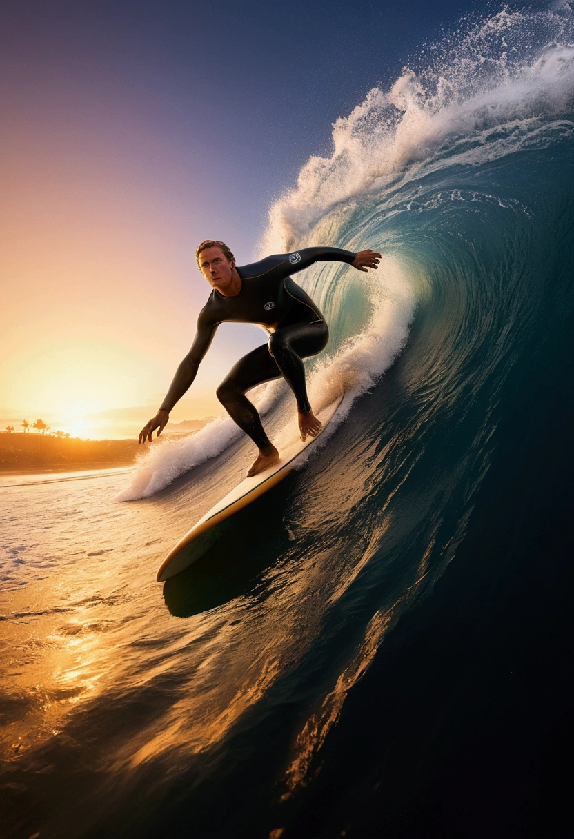 Surfer on surfboard, Professional sportswear, Capture the moment when a surfer sprints through the waves. The waves are like a wall, and the surfers shuttle through it, showing the conquest of nature and the challenge of their own limits.

dynamic movement, full body, photorealistic, Professional, perfect composition, intricate details, ultra-detailed