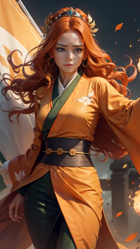 portrait, young princess ((fighting monsters)), striking figure, long flowing ginger hair, wavy hairs, fair skin, (freckles), ((...