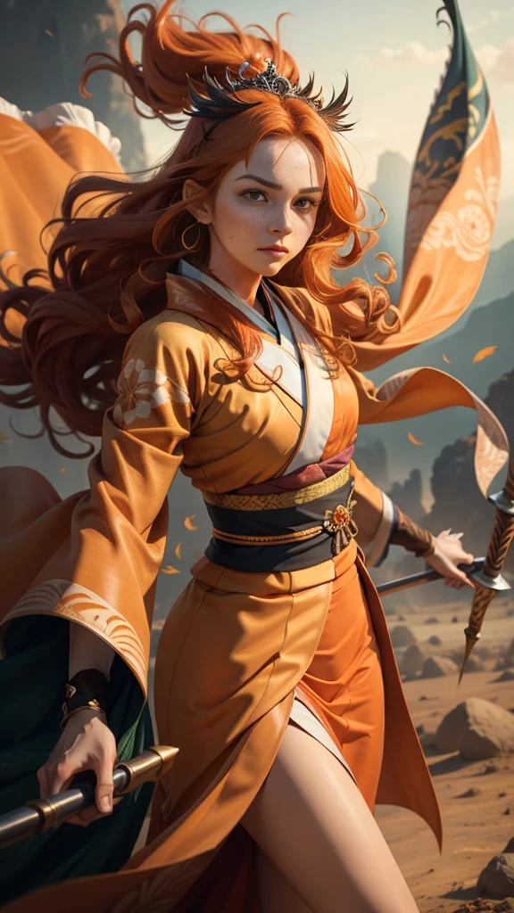 portrait, Young princess ((fighting monsters)), striking figure, long flowing ginger hair, wavy hairs, fair skin, (freckles), ((kolito)), innocent and regal appearance, expressive green eyes are filled with a mix of curiosity and determination, her slender frame, elegant grace, vibrant (((orange kimono))) with white and black decorations, very long sleeves, feather headdress, no background, combat pose, dynamic pose, holding a banner