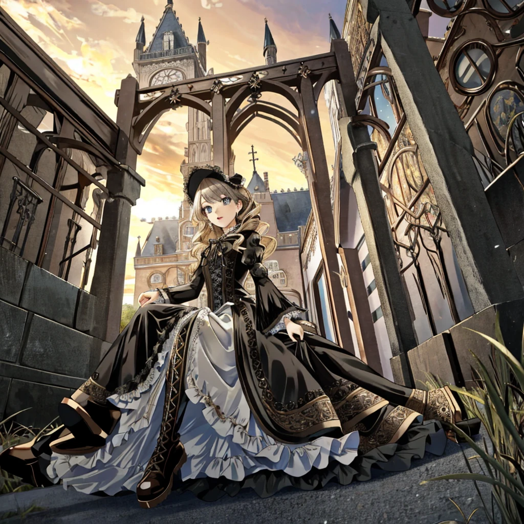 A woman in a dress and boots stands in front of a building, Baroque Dress, Detailed steampunk dress, Elegant Gothic Princess, Victorian Gothic Lolita Fashion, 歴史的なBaroque Dressダーク, Black Gothic Lolita Dress, Fantasy style clothing, Rococo Dress, Black Rococo, Classic witch, Fantasy Costume, wearing a Gothic Dress, Romantic Dresses, Gothic Dress, sit, Spread your legs, View from directly below, drawer, underwear