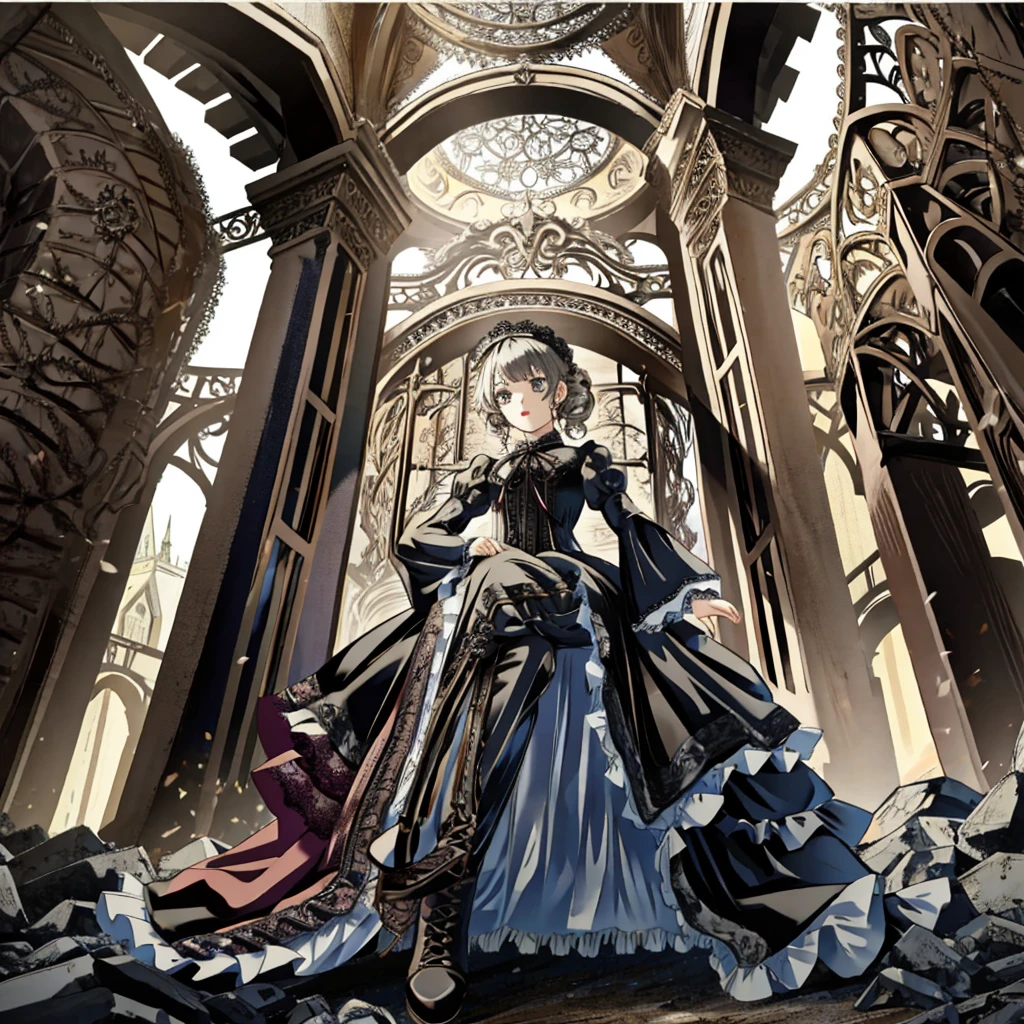 A woman in a dress and boots stands in front of a building, Baroque Dress, Detailed steampunk dress, Elegant Gothic Princess, Victorian Gothic Lolita Fashion, 歴史的なBaroque Dressダーク, Black Gothic Lolita Dress, Fantasy style clothing, Rococo Dress, Black Rococo, Classic witch, Fantasy Costume, wearing a Gothic Dress, Romantic Dresses, Gothic Dress, sit, Spread your legs, View from directly below, drawer, underwear