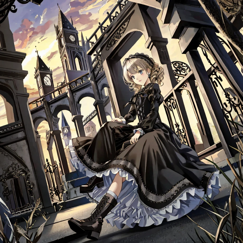 A woman in a dress and boots stands in front of a building, Baroque Dress, Detailed steampunk dress, Elegant Gothic Princess, Victorian Gothic Lolita Fashion, 歴史的なBaroque Dressダーク, Black Gothic Lolita Dress, Fantasy style clothing, Rococo Dress, Black Rococo, Classic witch, Fantasy Costume, wearing a Gothic Dress, Romantic Dresses, Gothic Dress, sit, Spread your legs, View from directly below, drawer, underwear