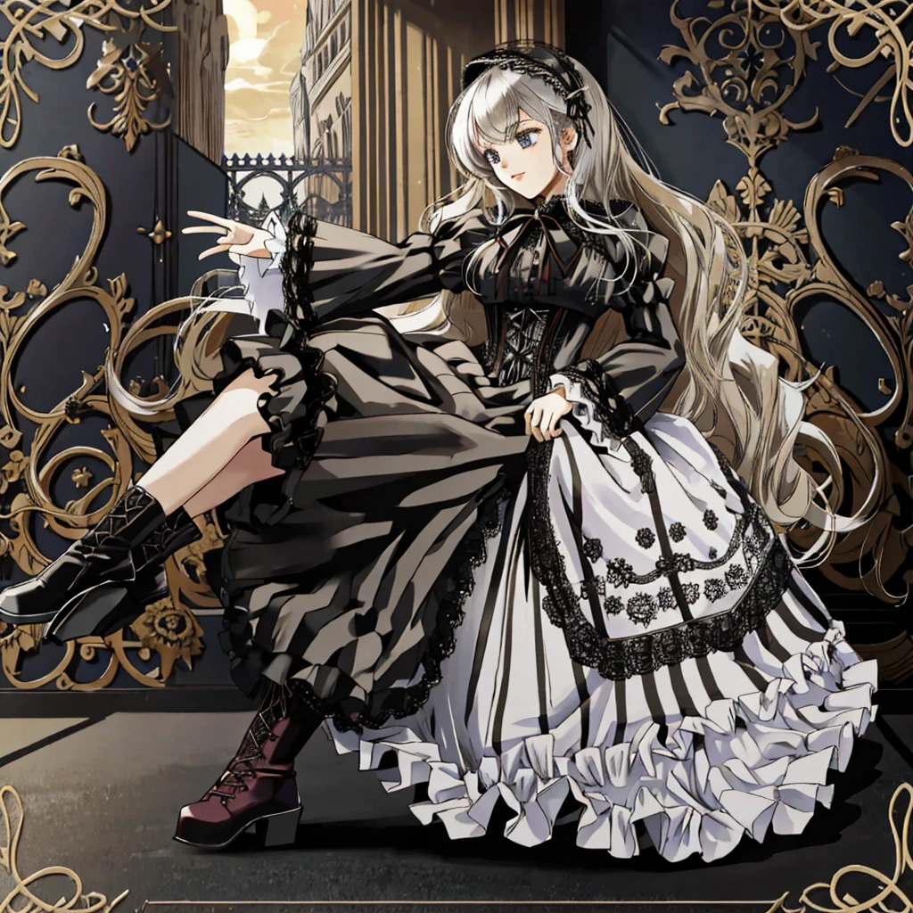 A woman in a dress and boots stands in front of a building, Baroque Dress, Detailed steampunk dress, Elegant Gothic Princess, Victorian Gothic Lolita Fashion, 歴史的なBaroque Dressダーク, Black Gothic Lolita Dress, Fantasy style clothing, Rococo Dress, Black Rococo, Classic witch, Fantasy Costume, wearing a Gothic Dress, Romantic Dresses, Gothic Dress, sit, Spread your legs, View from directly below, drawer, underwear