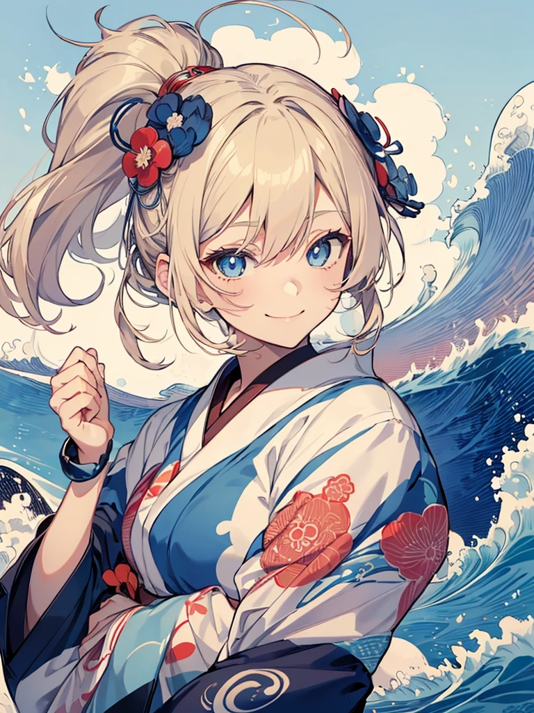 Japanese style t-shirt design, Hokusai Wave, Hokusai Stil, with modern anime elements,((Beautiful blue eyes)) blonde hair,ロング、髪をアップ、 blue eyes,((smile)) Pastelfarben, ((1girl)) cute, kawaii, Sweet, Pastel, 