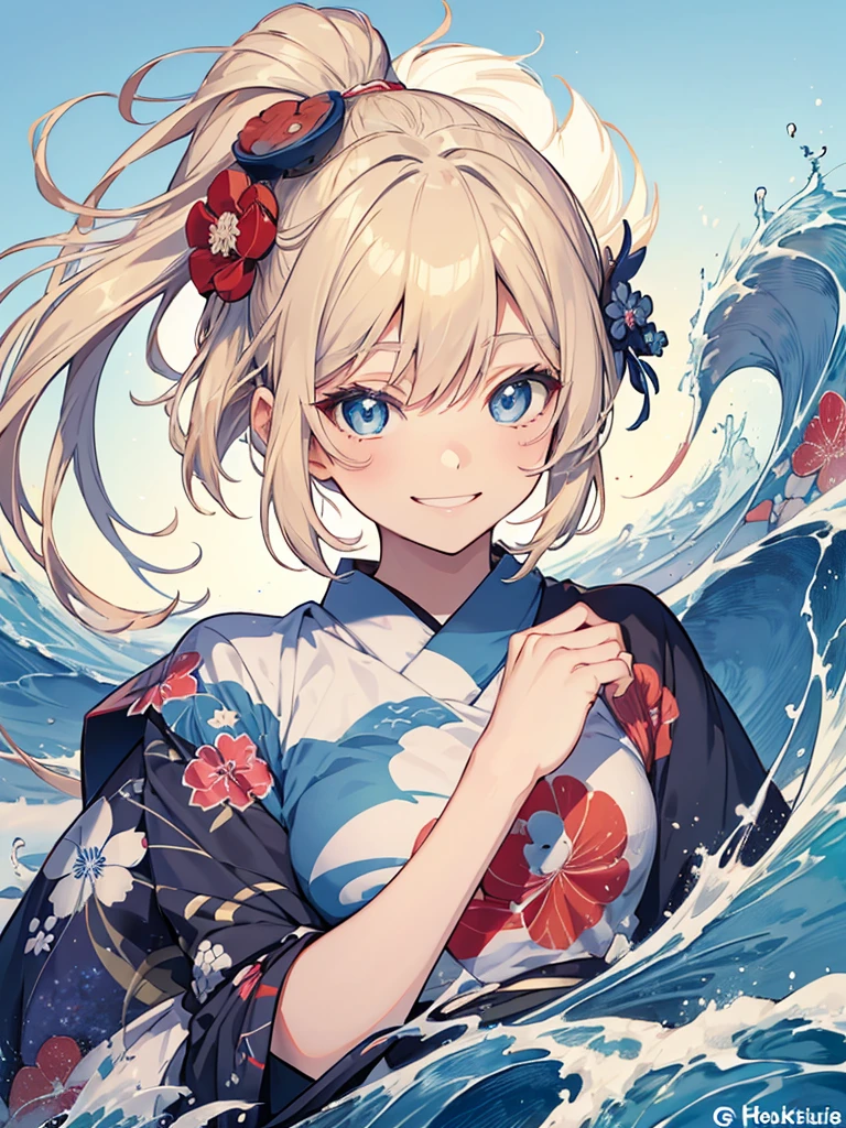 Japanese style t-shirt design, Hokusai Wave, Hokusai Stil, with modern anime elements,((Beautiful blue eyes)) blonde hair,ロング、髪をアップ、 blue eyes,((smile)) Pastelfarben, ((1girl)) cute, kawaii, Sweet, Pastel, 