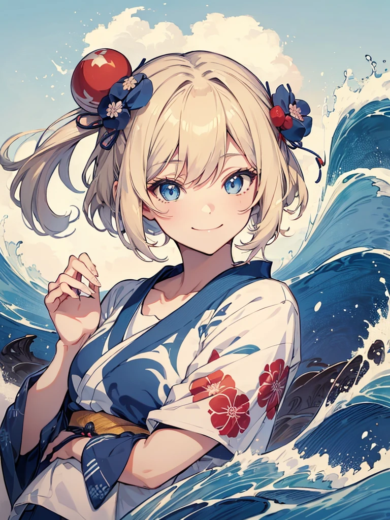 T-Shirt-Design im japanischen Stil, Hokusai-Welle, Hokusai-Stil, mit modernen Anime-Elementen,((Beautiful blaue Augen)) Blondes Haar,lang、Haare hoch、 blaue Augen,((lächeln)) Pastelfarben, ((1 Mädchen)) Niedlich, Kawaii, süß, Pastel, 