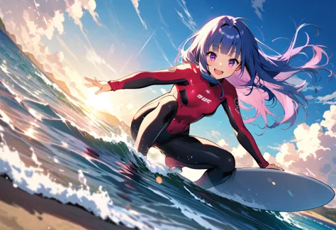 (surfing), child用サーフボード, beach, wave, sun, blue sky, sunglasses, wetsuits, smile, girl, alone, (rika furude), blue hair, purple ...