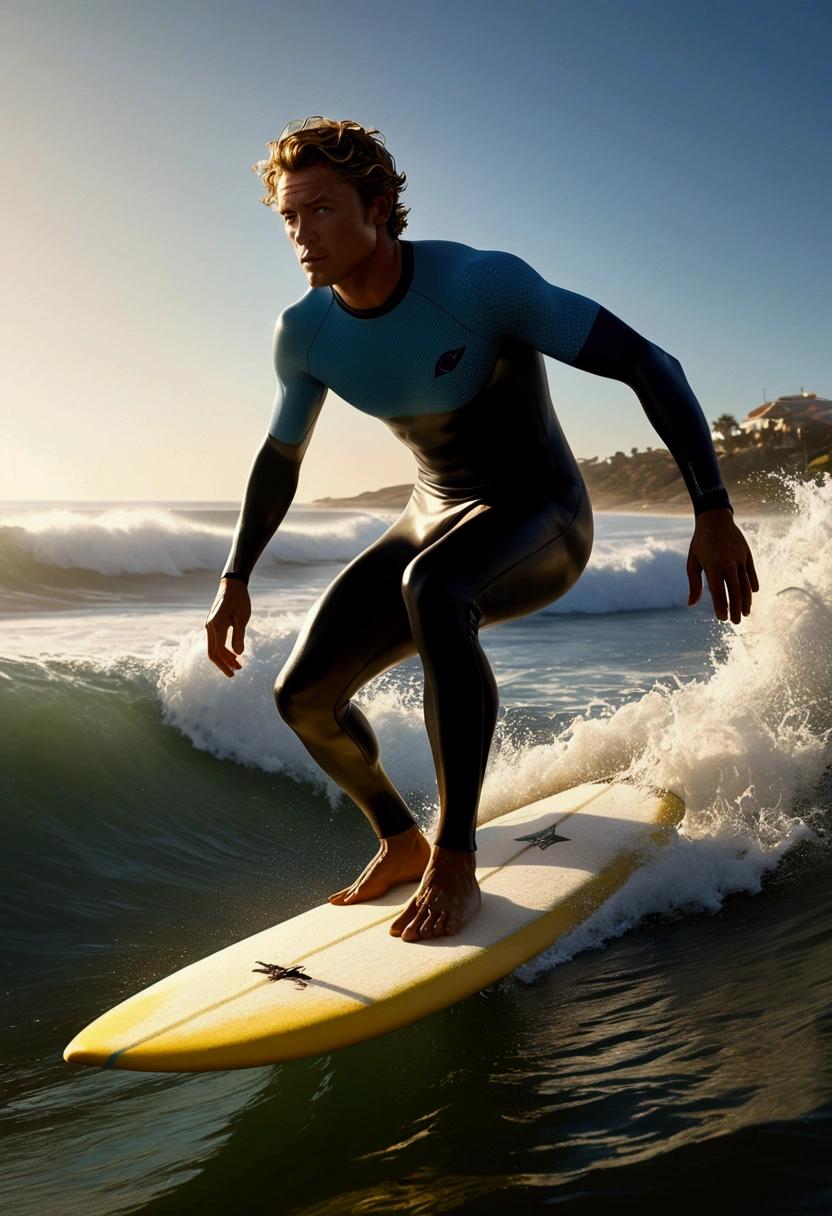 Surfer on surfboard, Professional sportswear, Capture the moment when a surfer sprints through the waves. The waves are like a wall, and the surfers shuttle through it, showing the conquest of nature and the challenge of their own limits.

dynamic movement, full body, photorealistic, Professional, perfect composition, intricate details, ultra-detailed