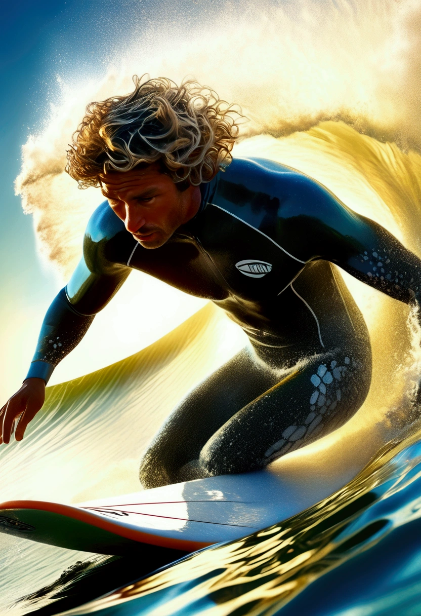 Surfer on surfboard, Professional sportswear, Capture the moment when a surfer sprints through the waves. The waves are like a wall, and the surfers shuttle through it, showing the conquest of nature and the challenge of their own limits.

dynamic movement, full body, photorealistic, Professional, perfect composition, intricate details, ultra-detailed