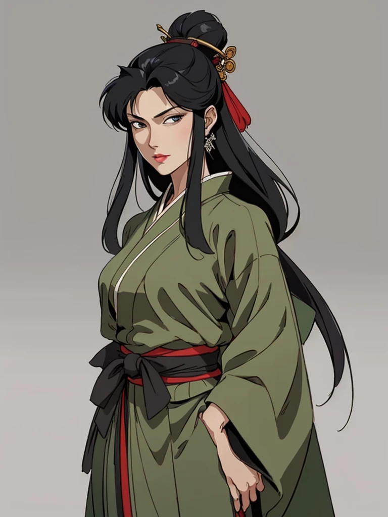 (masterpiece), (best quality),(portrait),old school fantasy art,1girl,solo,(sharp focus),(look at viewer),perfect eyes,kimono,green outfit,cima garahau,cimagarahau,1woman,sidelocks,Samurai girl,black hair, ancient luxurious long clothes,old school fantasy art,full body view,(simple background),gray background,