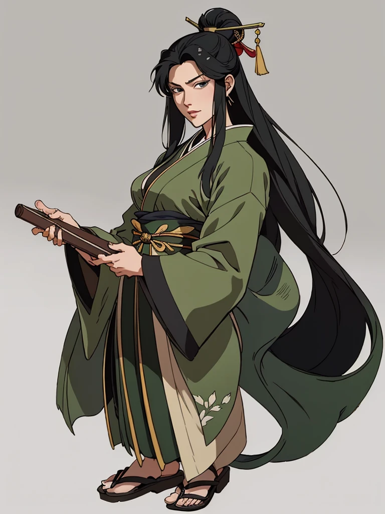 (masterpiece), (best quality),(portrait),old school fantasy art,1girl,solo,(sharp focus),(look at viewer),perfect eyes,kimono,green outfit,cima garahau,cimagarahau,1woman,sidelocks,Samurai girl,black hair, ancient luxurious long clothes,old school fantasy art,full body view,(simple background),gray background,