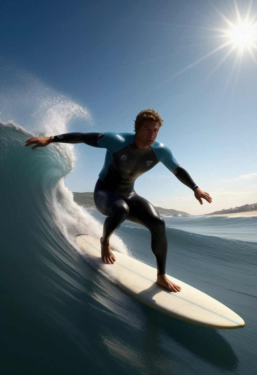 Surfer on surfboard, Professional sportswear, Capture the moment when a surfer sprints through the waves. The waves are like a wall, and the surfers shuttle through it, showing the conquest of nature and the challenge of their own limits.

dynamic movement, full body, photorealistic, Professional, perfect composition, intricate details, ultra-detailed