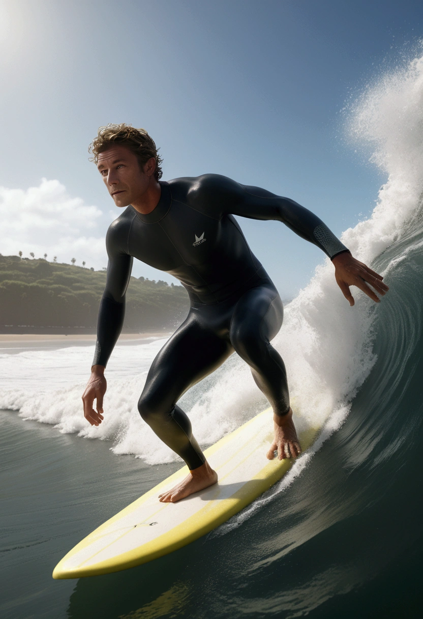 Surfer on surfboard, Professional sportswear, Capture the moment when a surfer sprints through the waves. The waves are like a wall, and the surfers shuttle through it, showing the conquest of nature and the challenge of their own limits.

dynamic movement, full body, photorealistic, Professional, perfect composition, intricate details, ultra-detailed