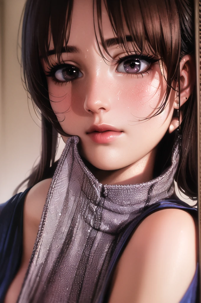 (Browsing Caution、Highest quality, masterpiece, Ultra-high resolution, Photorealistic RAW photos:1.3), A beautiful queen with a maternal and huge bust、Close ~ eyes、Highly detailed face, Highly detailed lips, Fine grain, double eyelid, Makeup face,eye shadow、mascara、Super long eyelashes、Red cheeks、A supple, sweaty bodyオレンジ色の口紅, Supermodel body type,Supermodel Height、Beautiful arms、Beautiful five-fingered hands、Beautiful legs、A supple, sweaty body、Spread your legs、Gorgeous purple dress、Wavy, brown, messy, super long hair、Luxury bedroom