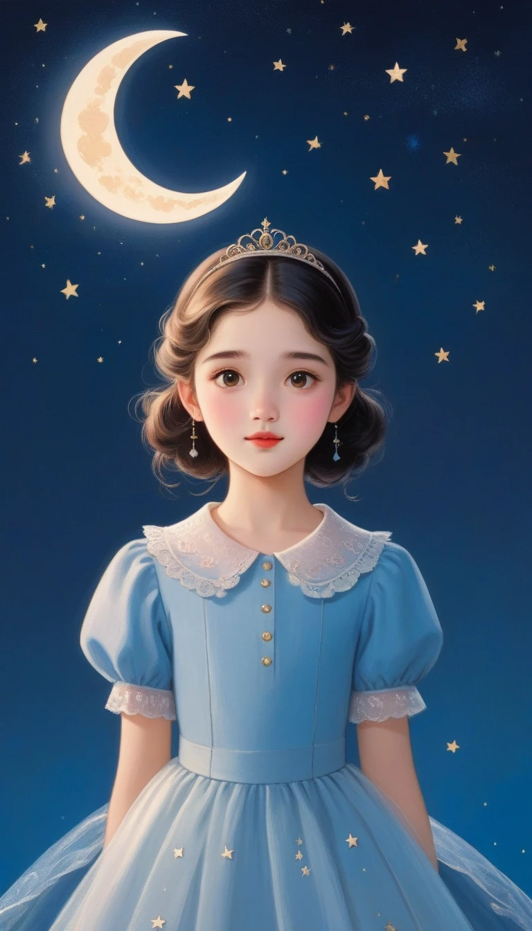 masterpiece, best quality, Cute hand painted, Picture book illustration，1 girl, Solitary, Princess Head，Shirt lace collar, blush, Hair accessories, audience,The crescent moon and stars shine overhead，Large blank space at the top，Characters account for 30%%，Blue Background