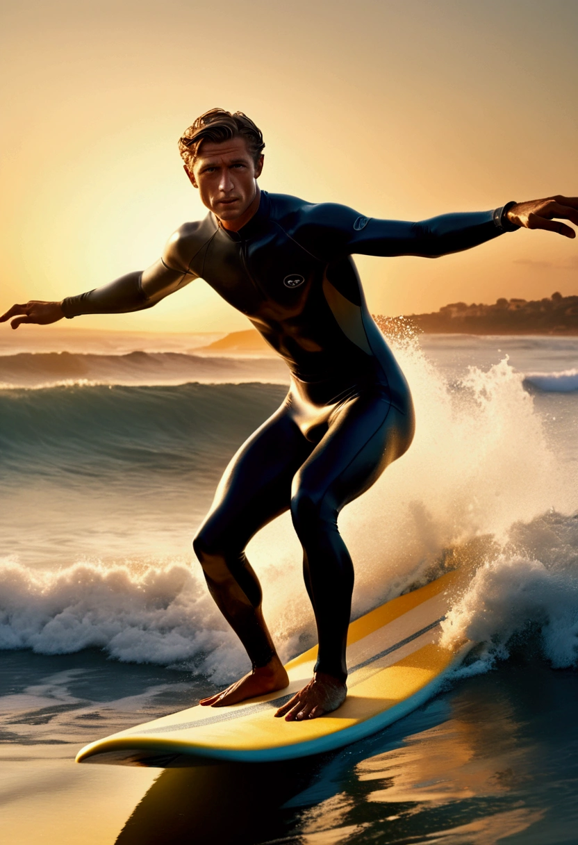 Surfer on surfboard, Professional sportswear, Capture the moment when a surfer sprints through the waves. The waves are like a wall, and the surfers shuttle through it, showing the conquest of nature and the challenge of their own limits.

dynamic movement, full body, photorealistic, Professional, perfect composition, intricate details, ultra-detailed